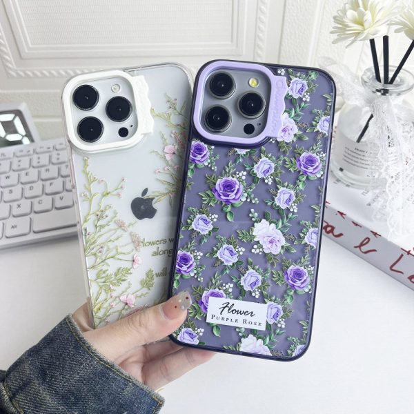 iPhone 15 Pro Case Wave Lens Frame Bump Resistant and Flexible Pattern Mobile Phone Cover - Purple Flowers For Sale