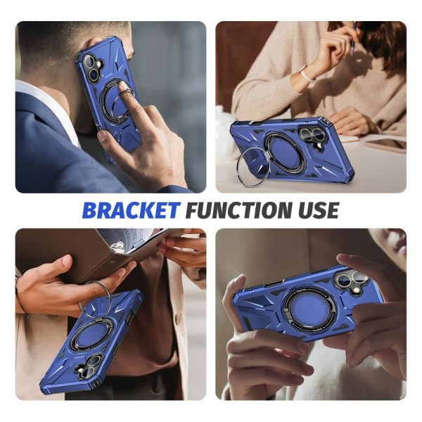 iPhone 16 Magnetic Case Flexible and Bump Resistant Phone Cover with Rotary Ring Kickstand - Navy Blue Fashion