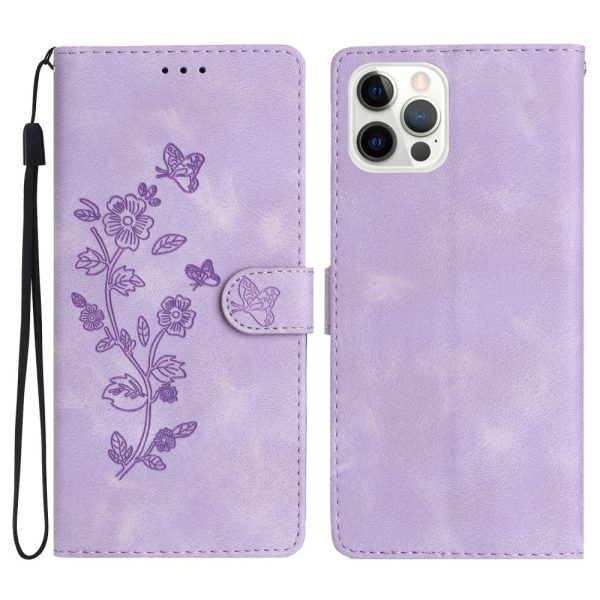 iPhone 16 Pro Max Leather Wallet Case Imprinted Flower Flip Protective Phone Cover - Purple Online Hot Sale