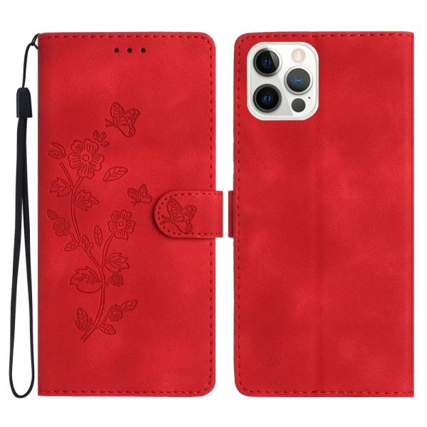 iPhone 16 Pro Max Leather Wallet Case Imprinted Flower Flip Protective Phone Cover - Red Online Sale