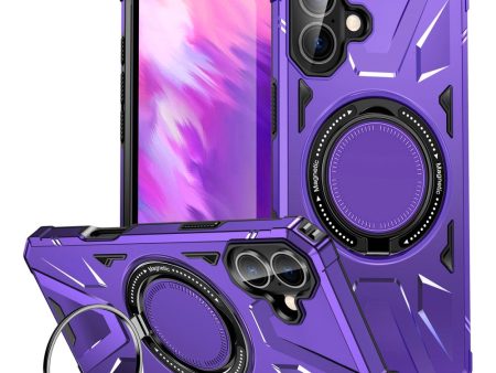 iPhone 16 Magnetic Case Flexible and Bump Resistant Phone Cover with Rotary Ring Kickstand - Purple For Discount