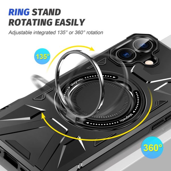 iPhone 16 Magnetic Case Flexible and Bump Resistant Phone Cover with Rotary Ring Kickstand - Black Online Sale