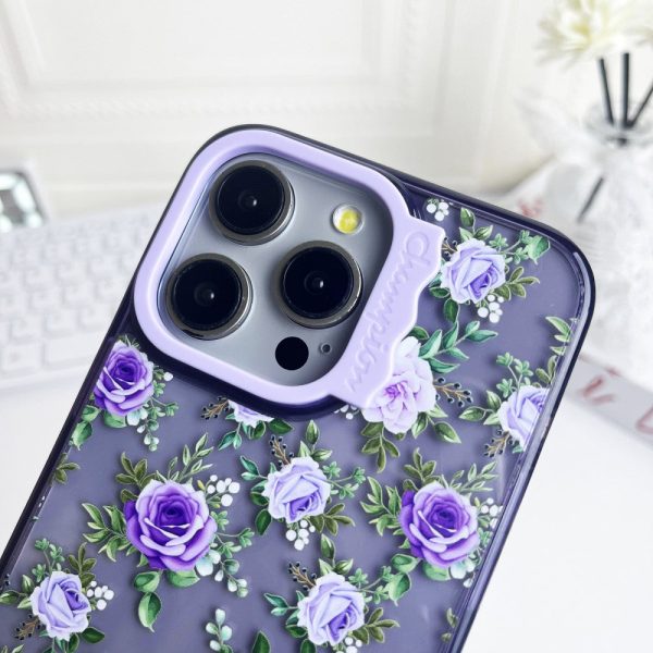 iPhone 15 Pro Case Wave Lens Frame Bump Resistant and Flexible Pattern Mobile Phone Cover - Purple Flowers For Sale