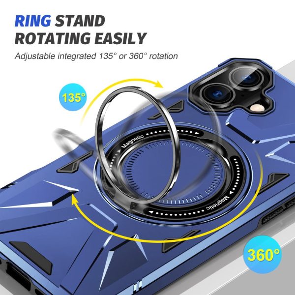 iPhone 16 Magnetic Case Flexible and Bump Resistant Phone Cover with Rotary Ring Kickstand - Navy Blue Fashion