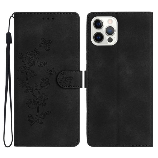 iPhone 16 Pro Max Leather Wallet Case Imprinted Flower Flip Protective Phone Cover - Black Online Sale