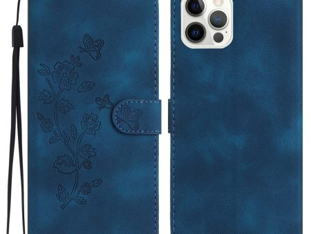 iPhone 16 Pro Max Leather Wallet Case Imprinted Flower Flip Protective Phone Cover - Blue Hot on Sale