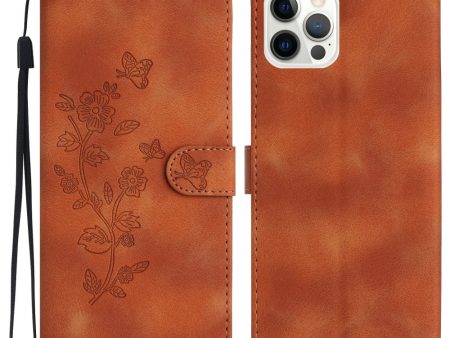 iPhone 16 Pro Max Leather Wallet Case Imprinted Flower Flip Protective Phone Cover - Brown For Discount