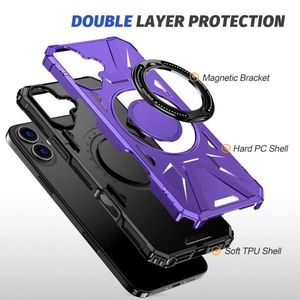 iPhone 16 Magnetic Case Flexible and Bump Resistant Phone Cover with Rotary Ring Kickstand - Purple For Discount