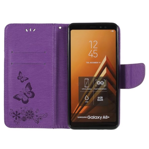 Samsung Galaxy A8 (2018) imprinted butterfly flowers leather flip case - Purple Cheap