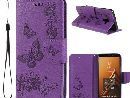 Samsung Galaxy A8 (2018) imprinted butterfly flowers leather flip case - Purple Cheap