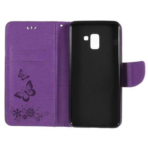 Samsung Galaxy A8 (2018) imprinted butterfly flowers leather flip case - Purple Cheap