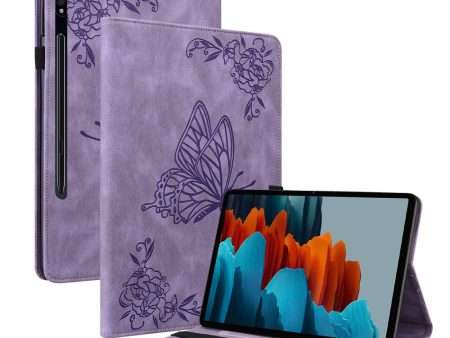 Purple Tablet Case for Samsung Galaxy Tab S9 Plus   S9 FE Plus with Butterfly Flower Imprint and Card Holder, Online now