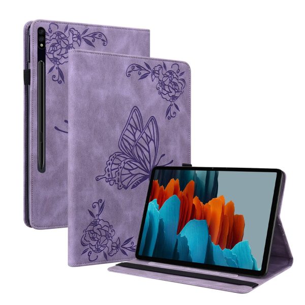 Purple Tablet Case for Samsung Galaxy Tab S9 Plus   S9 FE Plus with Butterfly Flower Imprint and Card Holder, Online now